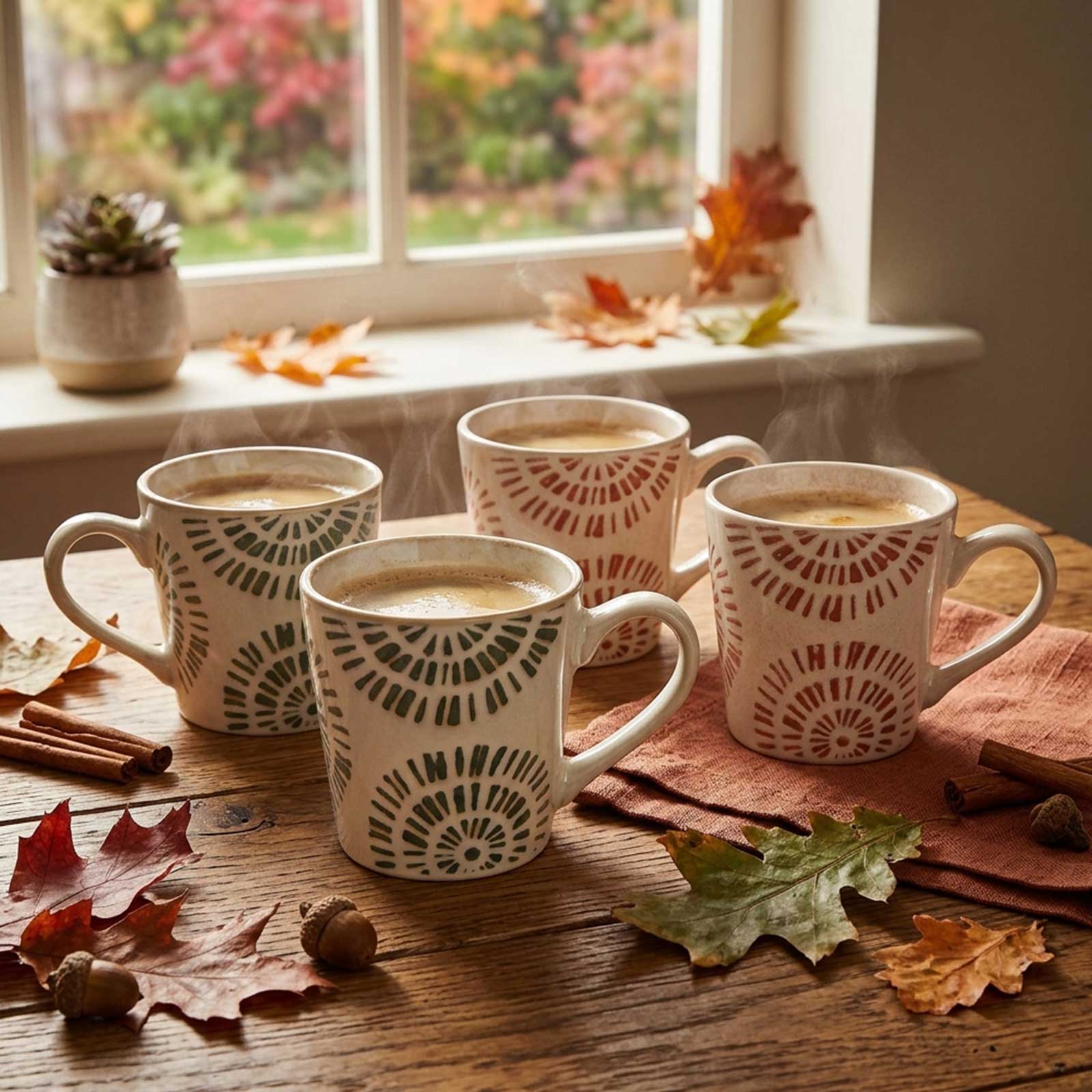 Quatre tasses en céramique avec motifs géométriques circulaires, remplies de café fumant sur une table en bois décorée de feuilles d'automne