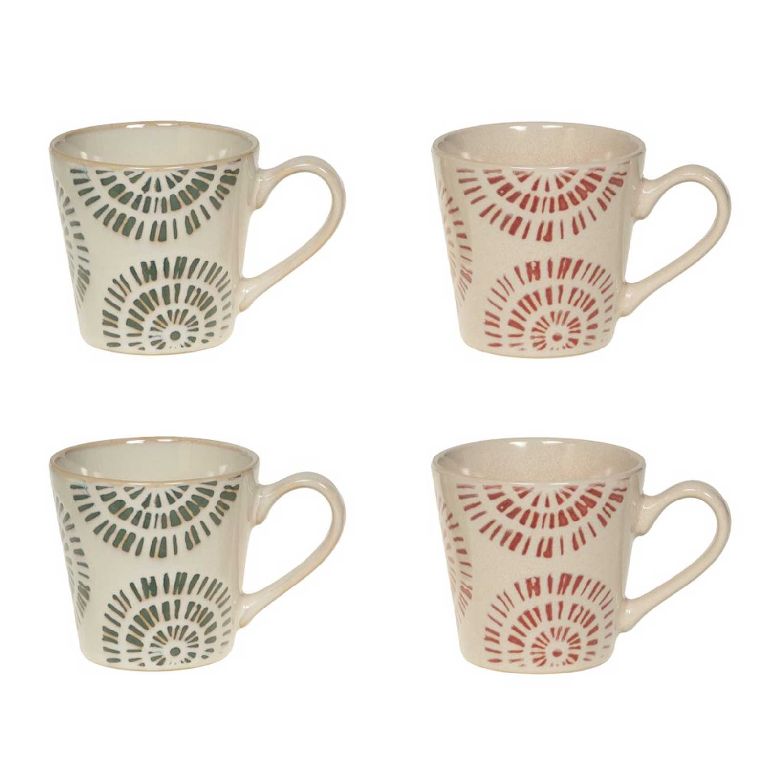 Coffret Bastide de quatre tasses Amani en céramique blanche, motifs géométriques gris-vert et brique, 22 cl
