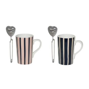 Coffrets Bastide Mareva, mugs en porcelaine rayée avec infuseurs à thé cœur en métal argenté