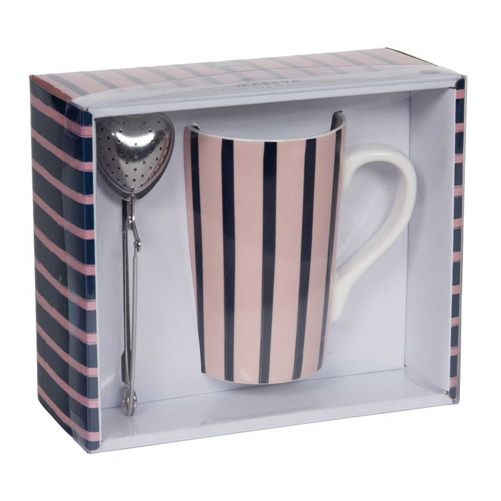 Coffret cadeau comprenant une tasse à rayures rose et marine avec son infuseur à thé en forme de cœur en métal, présenté dans son emballage Mareva