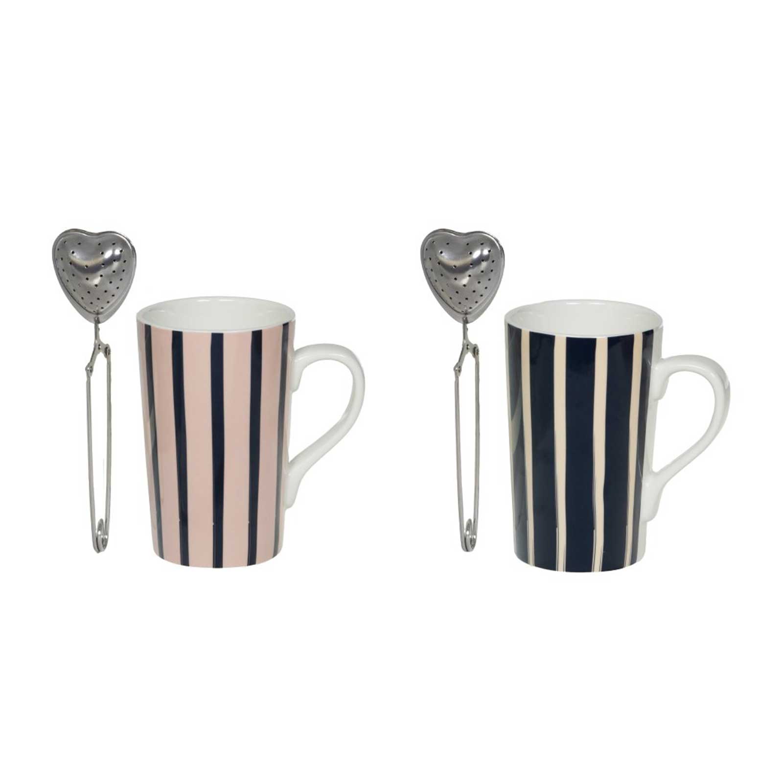 Coffrets Bastide Mareva, mugs en porcelaine rayée avec infuseurs à thé cœur en métal argenté
