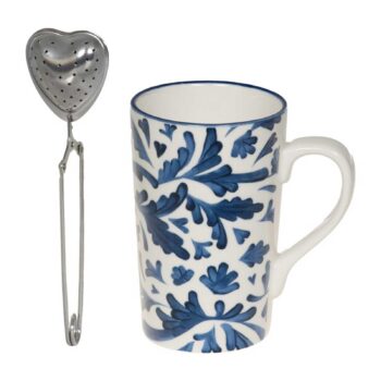 Mug Bastide Romane en porcelaine blanche à décor floral bleu, avec infuseur à thé cœur argenté
