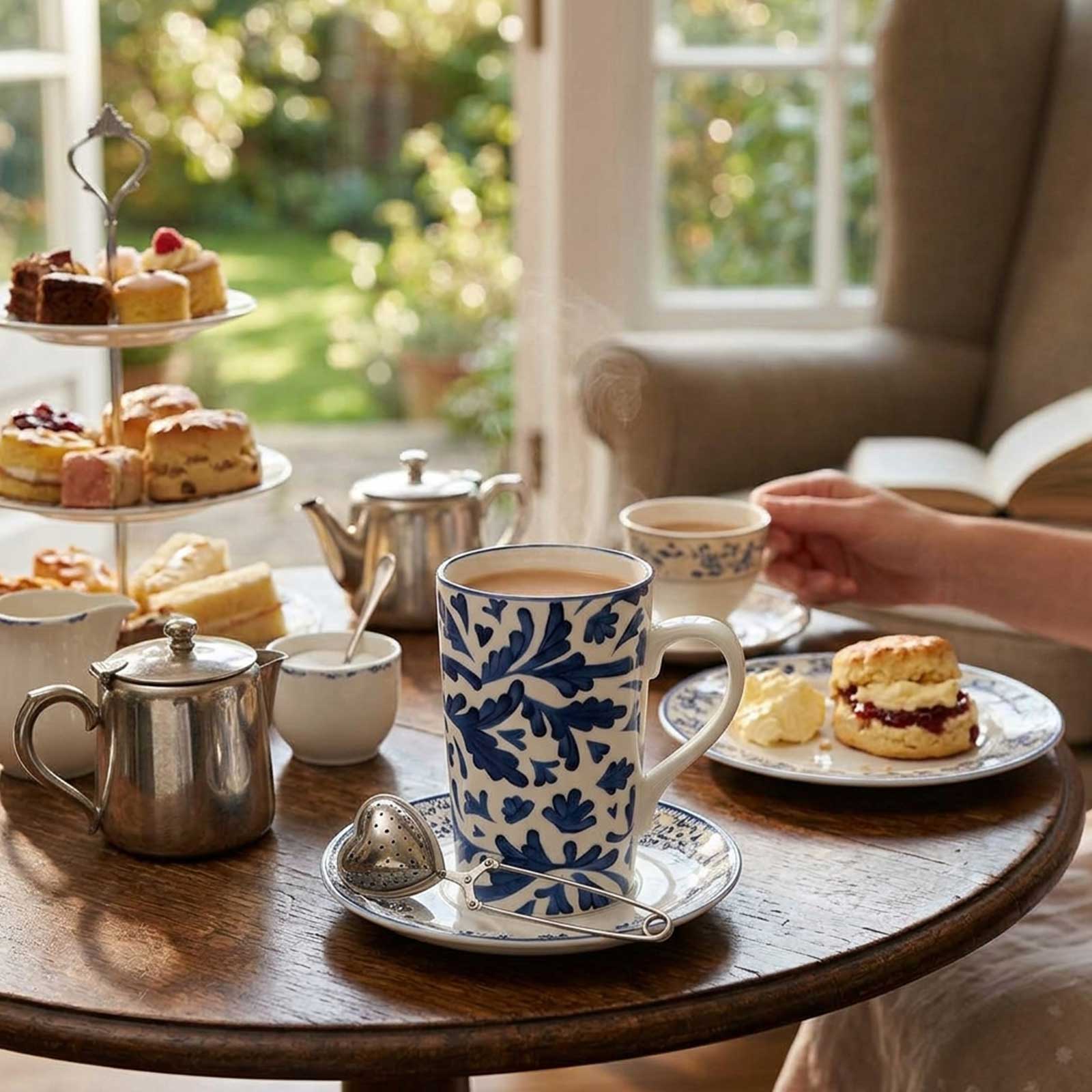 Mug en céramique à motifs bleu et blanc sur une table en bois, entouré d'un service à thé, de scones à la confiture et de pâtisseries gourmandes