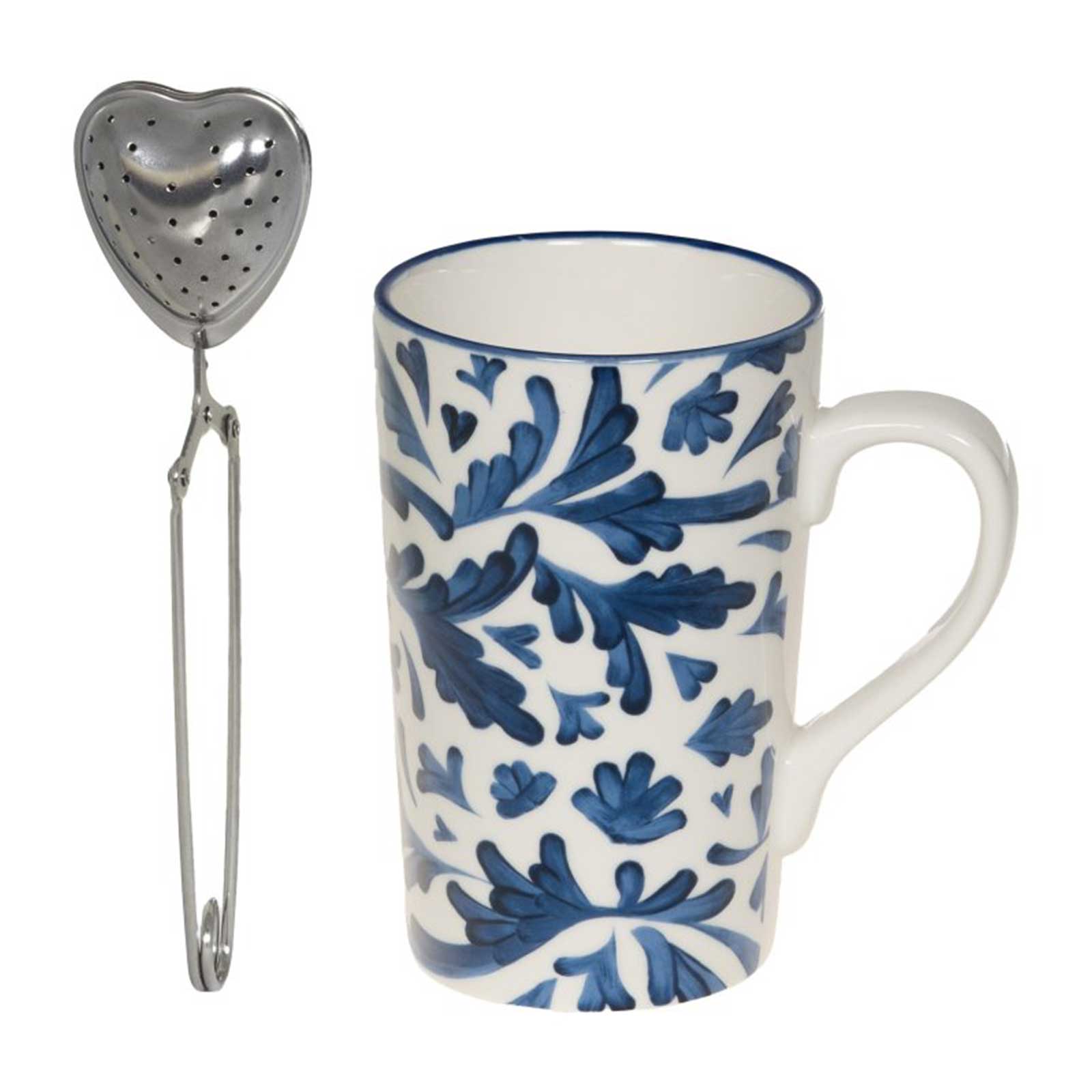 Mug Bastide Romane en porcelaine blanche à décor floral bleu, avec infuseur à thé cœur argenté