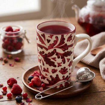 Mug en céramique à motifs végétaux rouges sur une soucoupe en bois, accompagné d'une boule à thé en forme de cœur et de fruits rouges frais