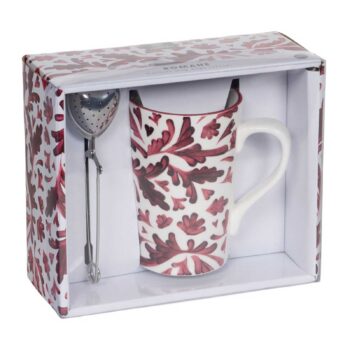 Coffret cadeau comprenant un mug en céramique à motif végétal rouge et une pince à thé en inox dans son emballage cartonné