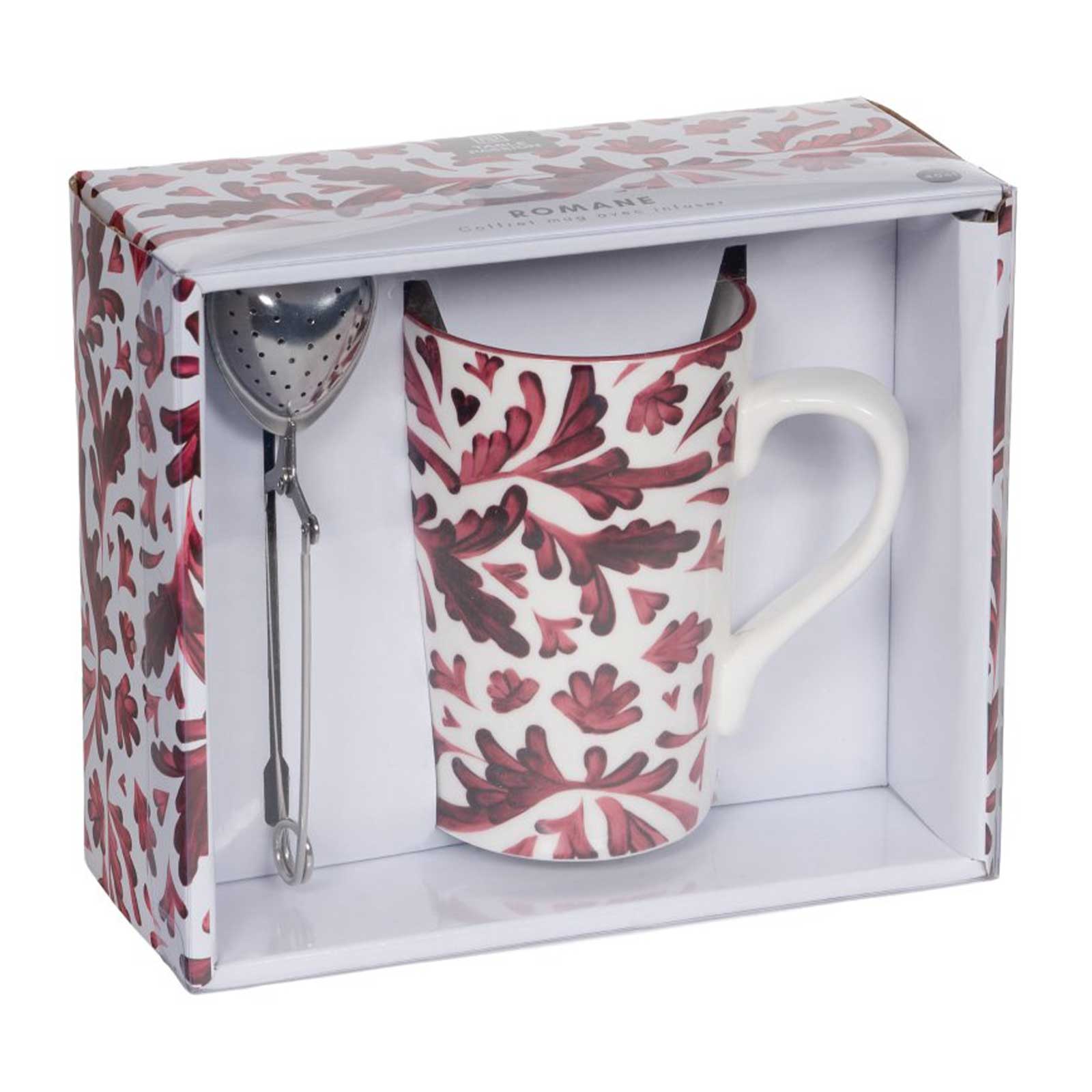 Coffret cadeau comprenant un mug en céramique à motif végétal rouge et une pince à thé en inox dans son emballage cartonné