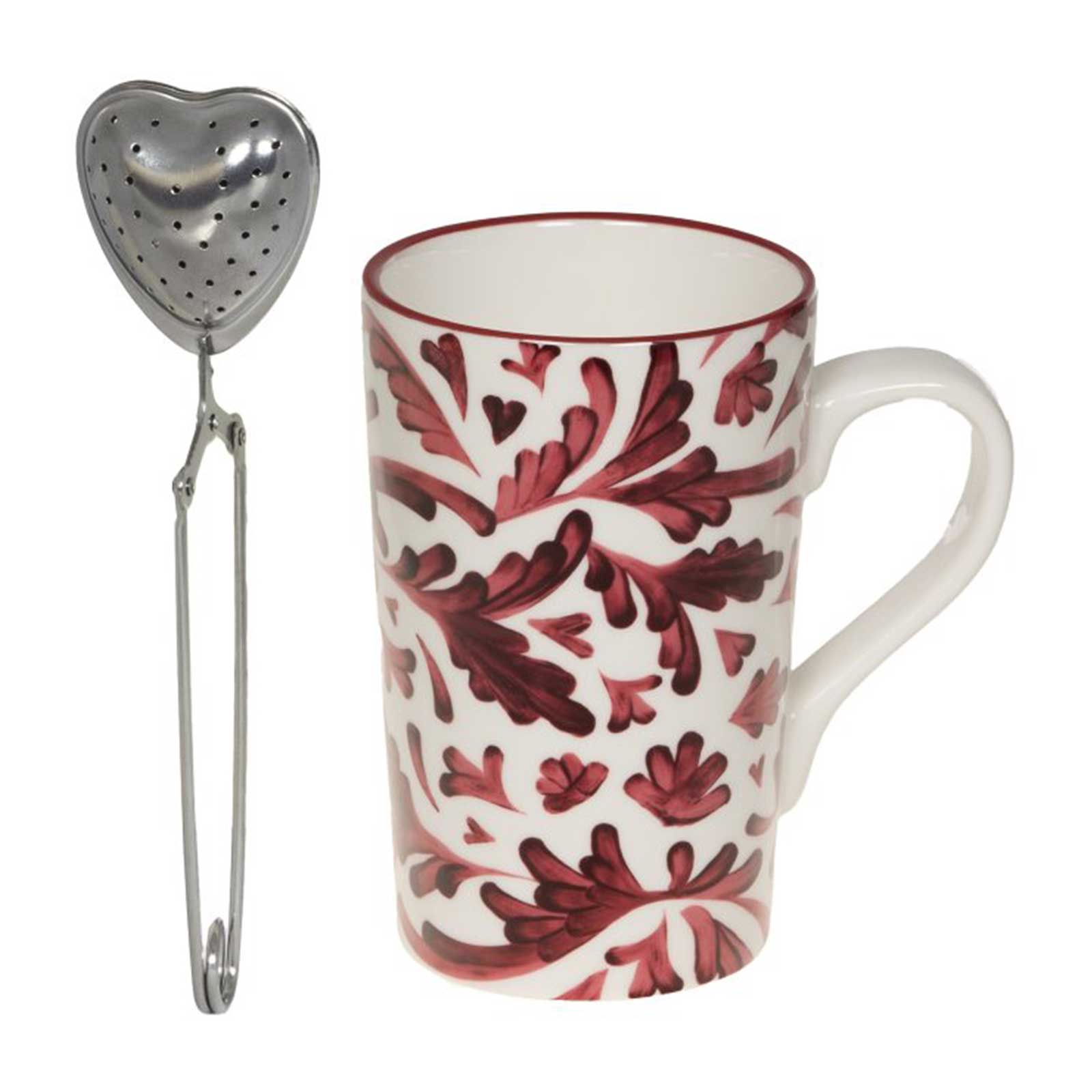 Coffret Bastide Romane rouge, mug en porcelaine blanche à motif floral, infuseur argenté en forme de cœur