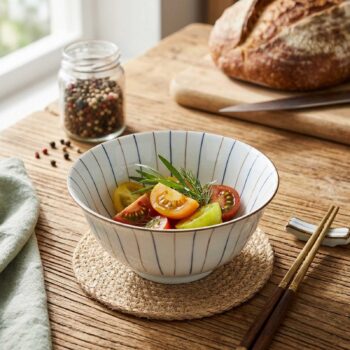 Bol en céramique à rayures verticales contenant une salade de tomates colorées sur une table en bois rustique avec du pain artisanal en arrière-plan