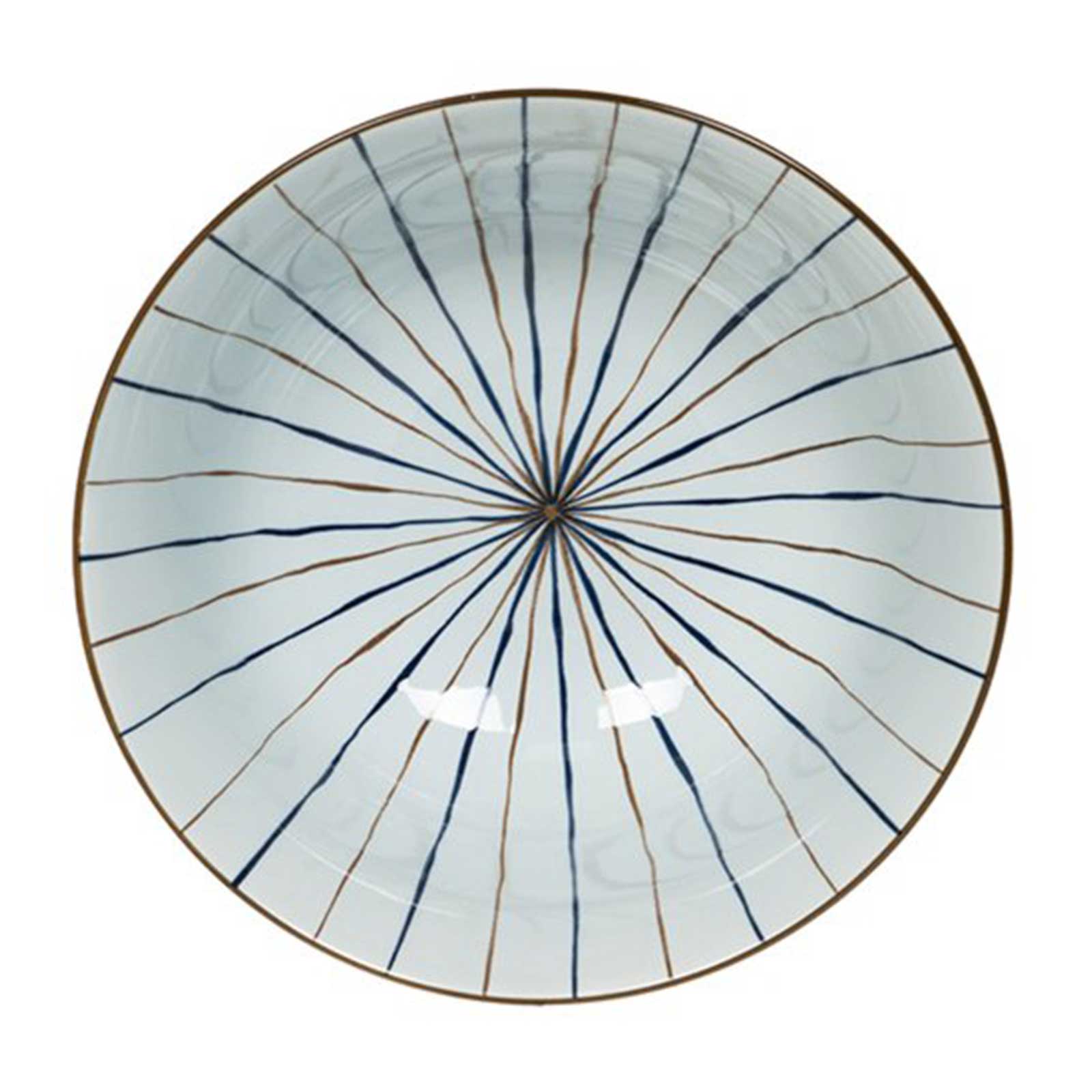 Assiette creuse en céramique ornée de rayures fines bleu marine et marron disposées en étoile, design élégant pour une vaisselle raffinée