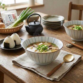 Bol de soupe miso chaude avec tofu et champignons shiitake, accompagné de boulettes de riz onigiri sur une table en bois rustique