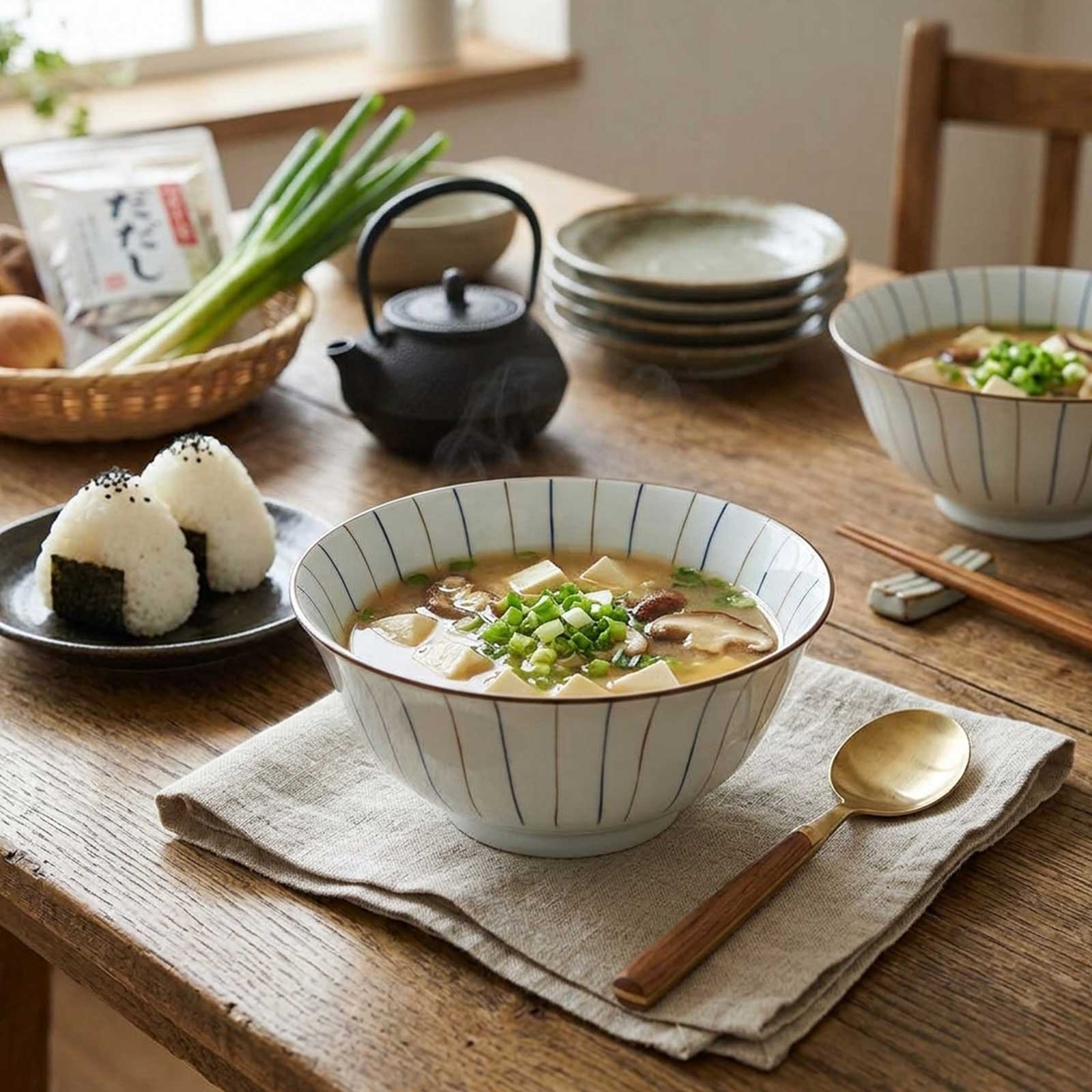 Bol de soupe miso chaude avec tofu et champignons shiitake, accompagné de boulettes de riz onigiri sur une table en bois rustique
