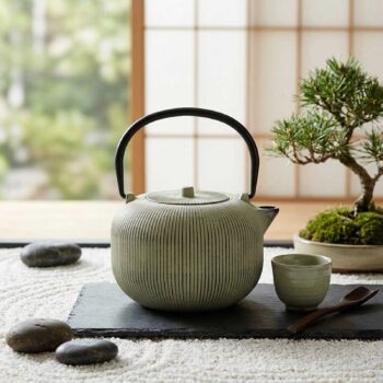 Théière en fonte vert pâle striée avec anse noire sur une ardoise, accompagnée d'une tasse et d'un bonsaï dans une ambiance zen