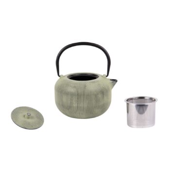 Théière japonaise en fonte vert clair avec son couvercle et son infuseur en inox amovible pour la préparation du thé