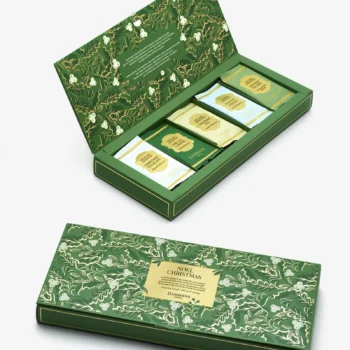 Coffret cadeau Dammann Frères Noel, contenant vingt sachets de thés et infusions variés dans une boîte en carton vert ornée de motifs végétaux dorés