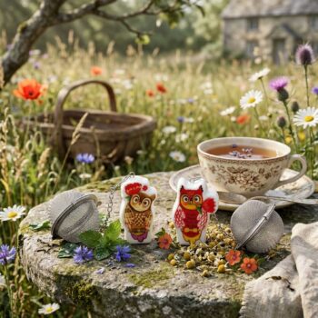 Deux infuseurs à thé en inox posés sur une pierre avec des figurines de chouettes décoratives, entourés de fleurs et d'une tasse de tisane.