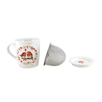 Tisanière Faye Beky en grès blanc de 32,5 cl, avec tasse à rouges-gorges, infuseur inoxydable et couvercle à champignon
