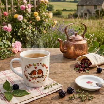 Mug en porcelaine orné de deux rouges-gorges sur une table en bois, accompagné d'une théière en cuivre et de mûres sauvages dans un jardin ensoleillé