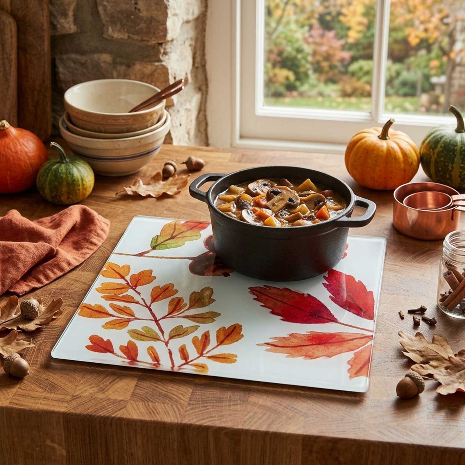 Planche à découper en verre avec motif de feuilles d'automne automnales posée sur un plan de travail en bois sous une marmite de soupe aux champignons