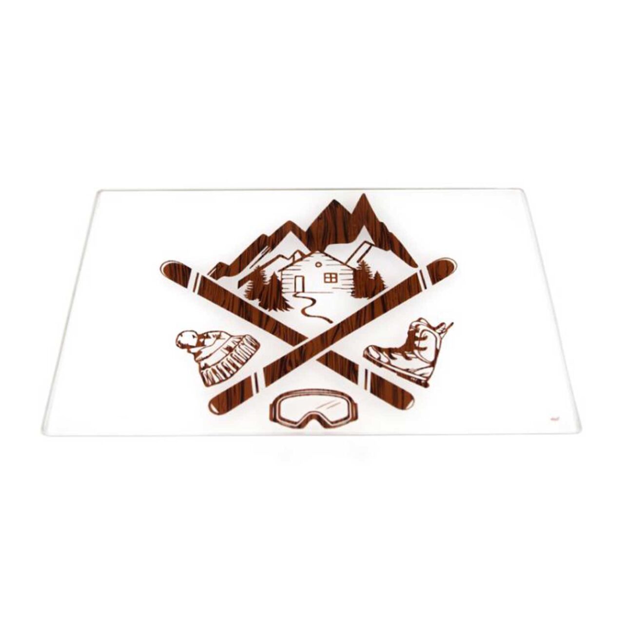 Planche à découper Faye Mountain en verre transparent, décor rétro de chalet, skis et sommets enneigés