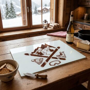 Planche à découper en verre avec motif de montagne et ski posée sur une table en bois rustique à côté d'une bouteille de Vin de Savoie