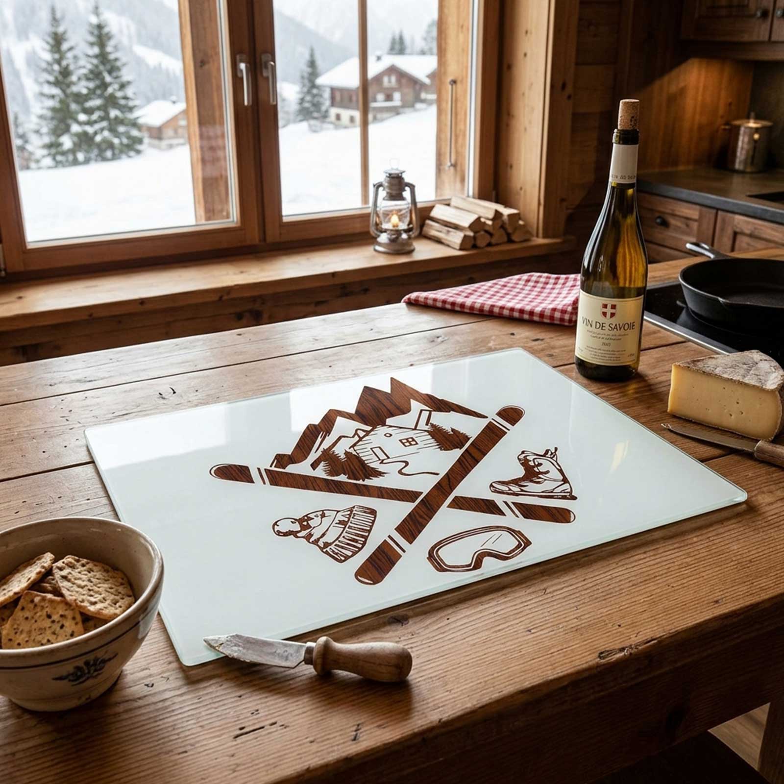 Planche à découper en verre avec motif de montagne et ski posée sur une table en bois rustique à côté d'une bouteille de Vin de Savoie