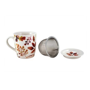 Tisanière Faye Abel 32,5cl en grès à fond blanc, décor de feuilles aux tons rouges, oranges et ocre, avec infuseur inox tressé
