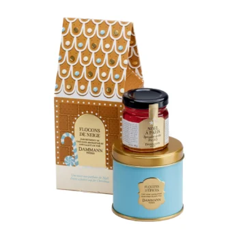 Coffret cadeau Dammann Frères en forme de maison avec thé noir Flocons d'épices dans une boîte bleue et gelée de thé Noël à Paris en pot