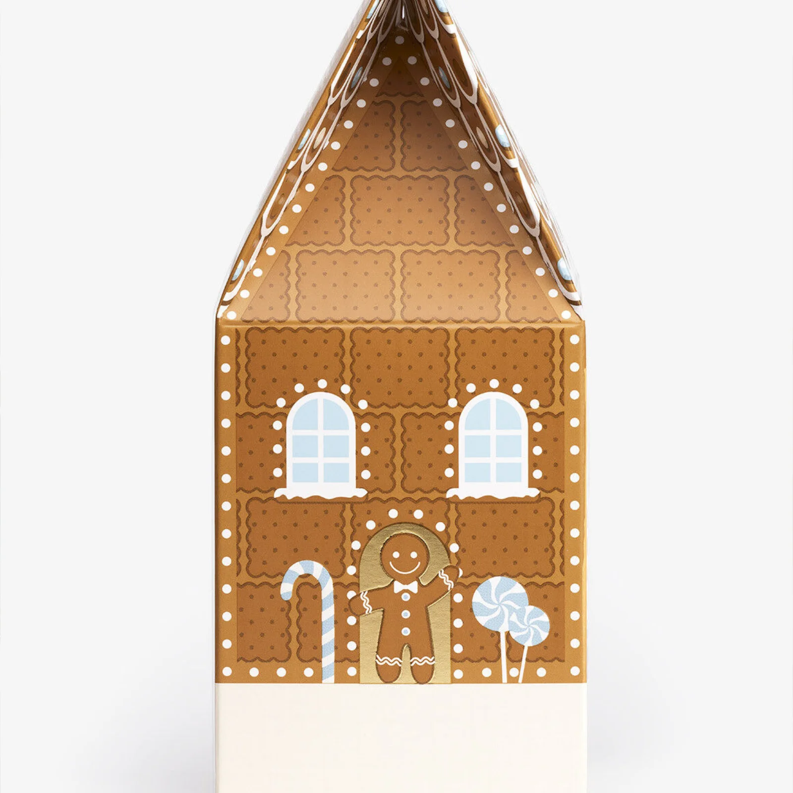 Boîte cadeau en forme de maison en pain d'épices avec des fenêtres, un bonhomme en pain d'épices, une canne à sucre et des sucettes dessinées