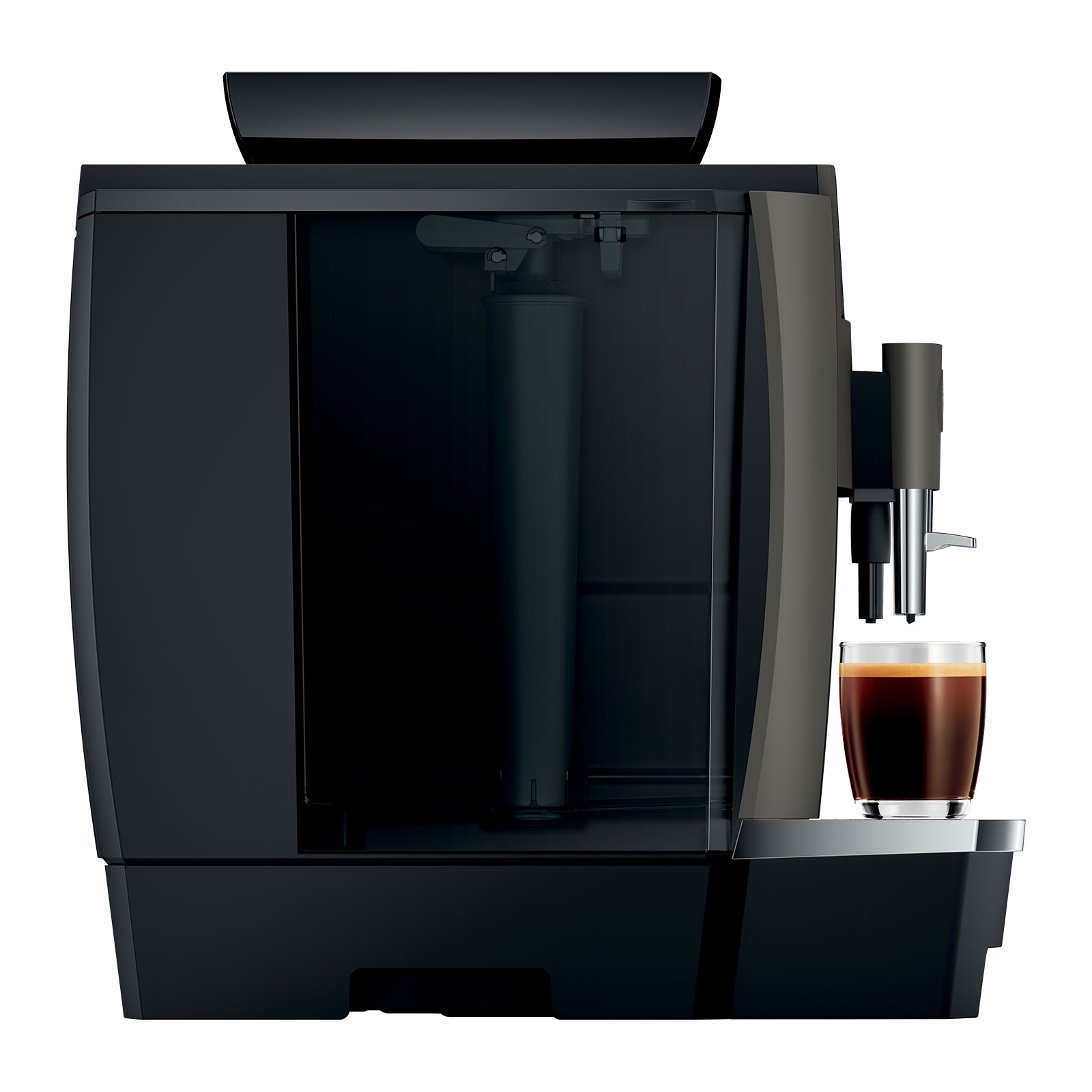 Vue de côté de la JURA W4 (EB) Dark Inox avec une tasse d'espresso.