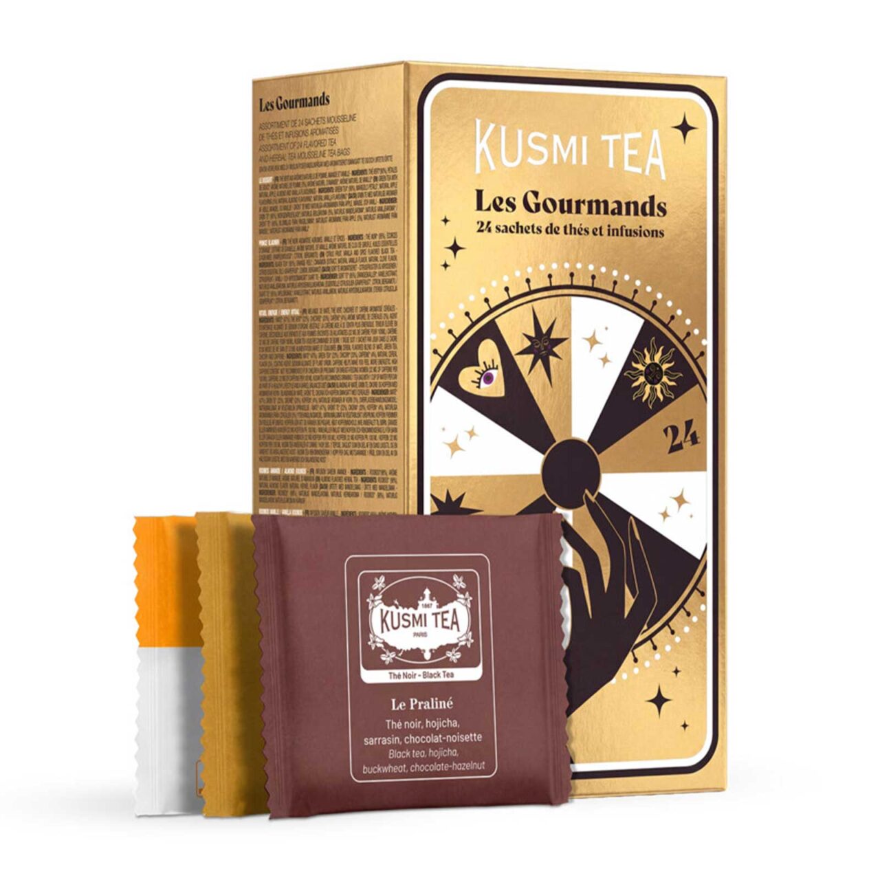 Coffret Kusmi Tea Les Gourmands doré, trois sachets de thé dont Le Praliné au chocolat et à la noisette
