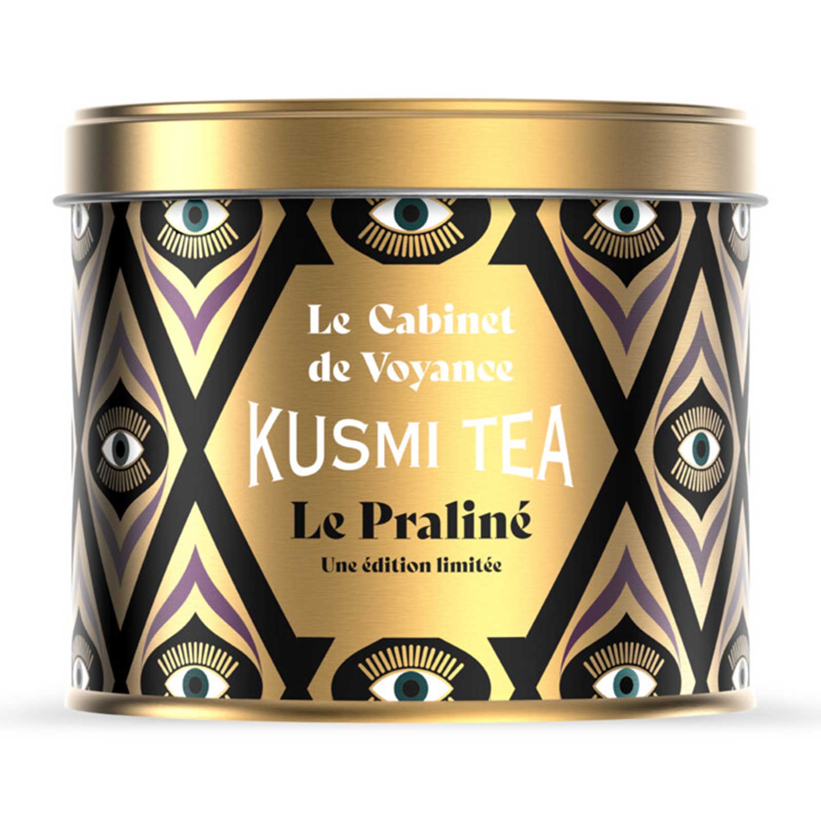 Boîte ronde en métal Kusmi Tea Le Praliné, édition limitée dorée aux motifs mystiques noirs et violets, 95 g.