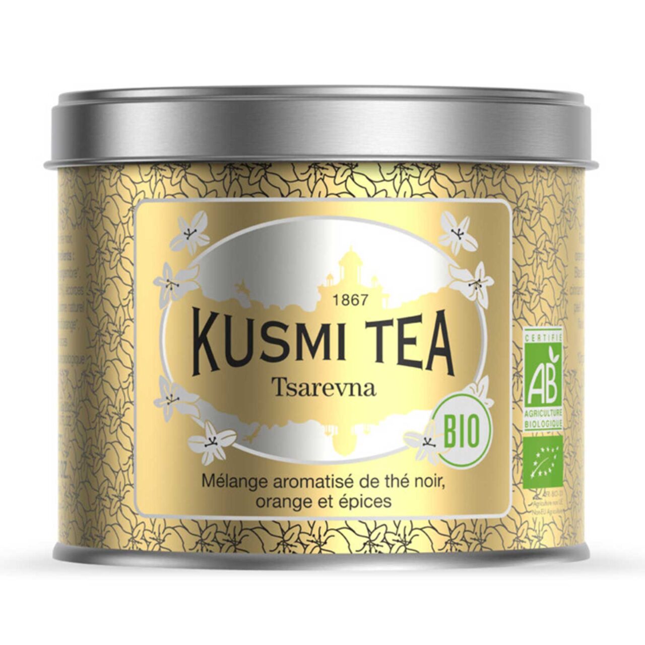 Boîte métallique Kusmi Tea Tsarevna Bio 100 g, thé noir aux agrumes et épices, motif floral doré
