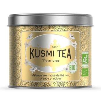 Boîte métallique Kusmi Tea Tsarevna Bio 100 g, thé noir aux agrumes et épices, motif floral doré