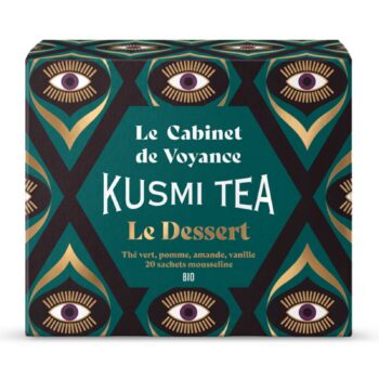 Boîte Kusmi Tea Le Dessert, décor vert noir et doré aux motifs oculaires stylisés, 20 sachets mousseline de thé vert bio