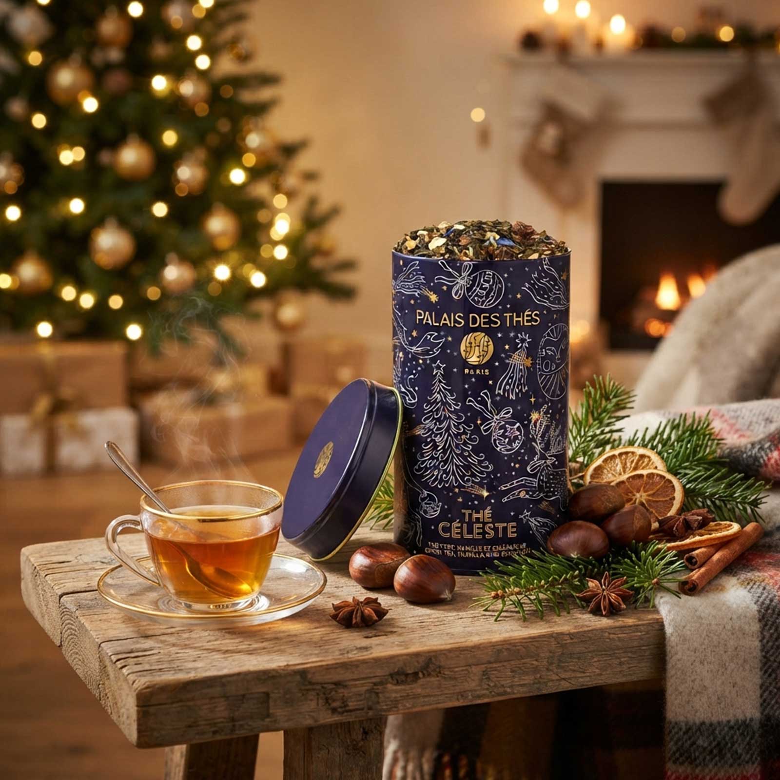 Boîte de thé Thé Céleste de Palais des Thés ouverte sur une table en bois avec une tasse fumante, des châtaignes, des épices et un sapin de Noël