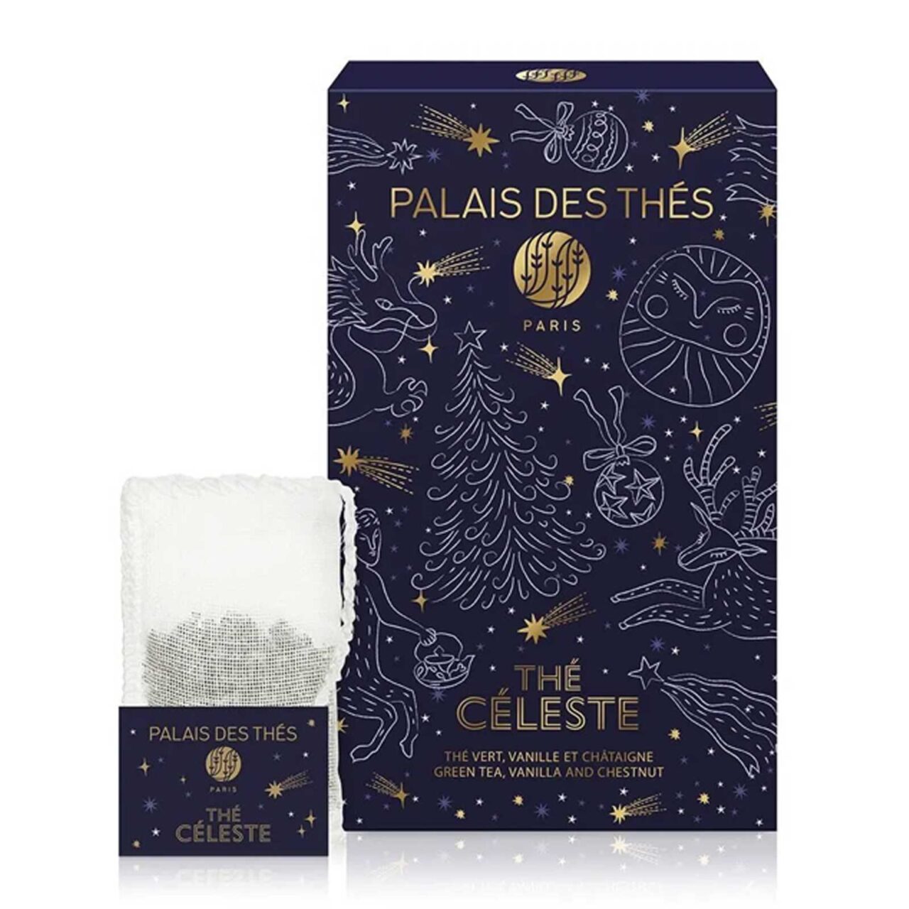 Coffret Palais des Thés Thé Céleste bio, sachet mousseline blanc et décor céleste doré sur fond bleu nuit.