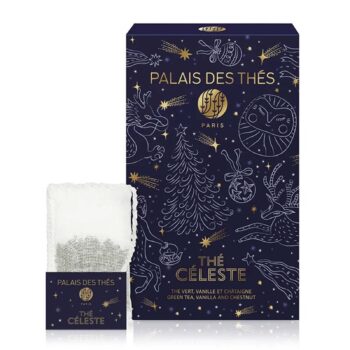 Coffret Palais des Thés Thé Céleste bio, sachet mousseline blanc et décor céleste doré sur fond bleu nuit.